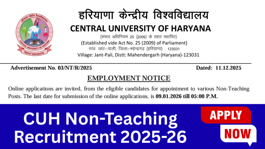 CUH Non-Teaching Recruitment 2025-26 Central University of Haryana Notification and Online Form 1 CUH Non-Teaching Recruitment 2025