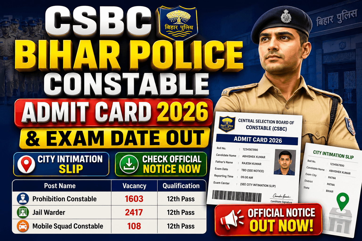 CSBC Bihar Police Constable Admit Card 2026