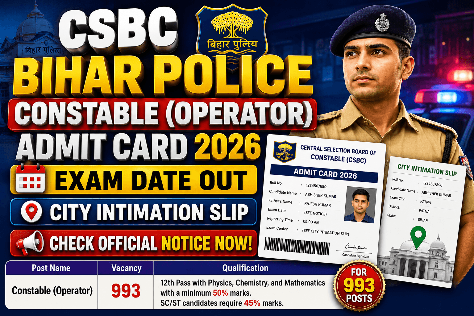 CSBC Bihar Police Constable Operator Admit Card 2026